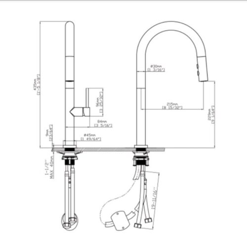 Vòi rửa bát nóng lạnh Kluger KLF0010C có dây rút 5 Kích thước vòi rửa bát nóng lạnh Kluger KLF0010C có dây rút